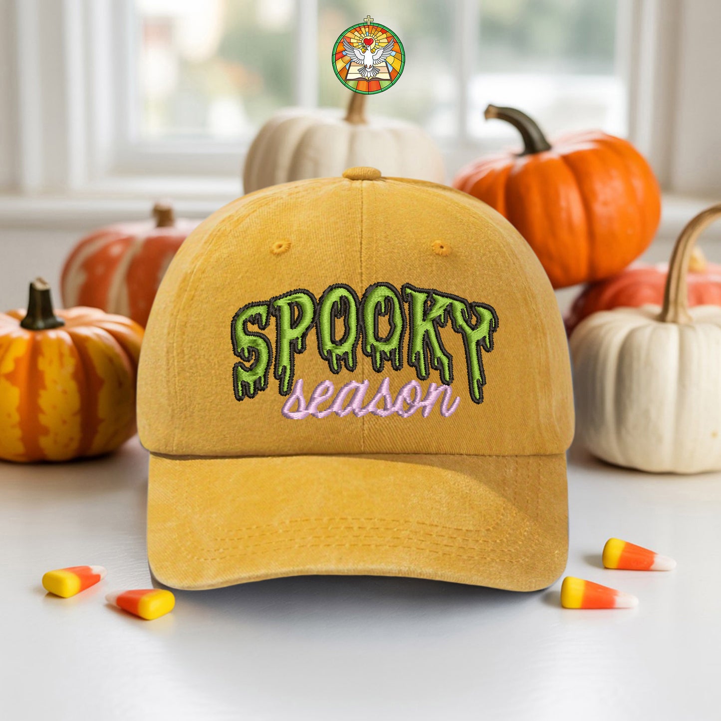 Spooky Season Washed Denim Baseball Cap Halloween Embroidered Distressed Dad Hat Fall Autumn
