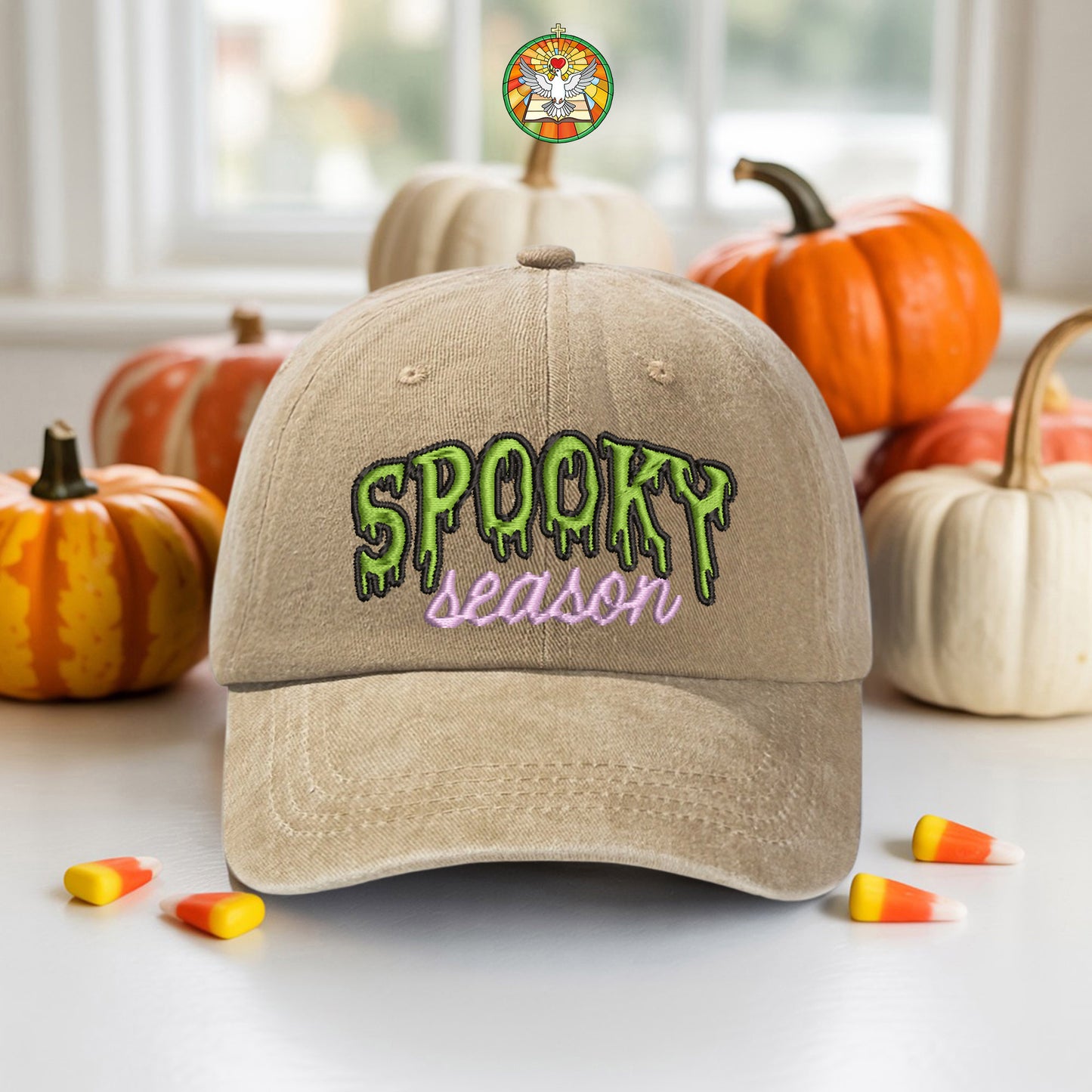 Spooky Season Washed Denim Baseball Cap Halloween Embroidered Distressed Dad Hat Fall Autumn