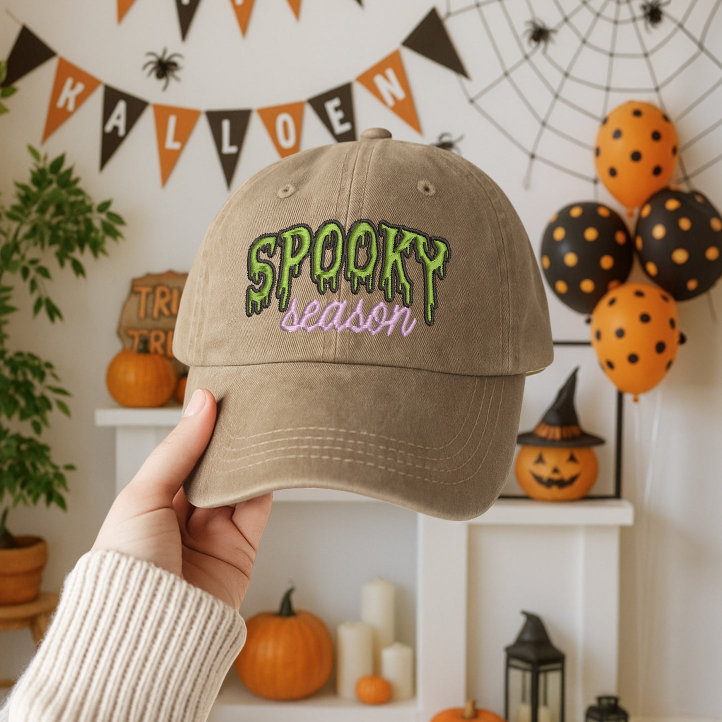 Spooky Season Washed Denim Baseball Cap Halloween Embroidered Distressed Dad Hat Fall Autumn