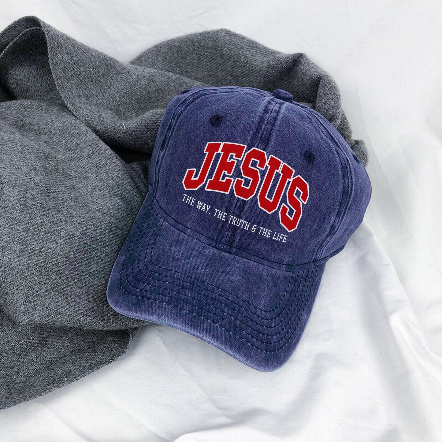 Jesus The Way, The Truth & The Life Washed Cap - Collegiate Style Christian Faith Declaration
