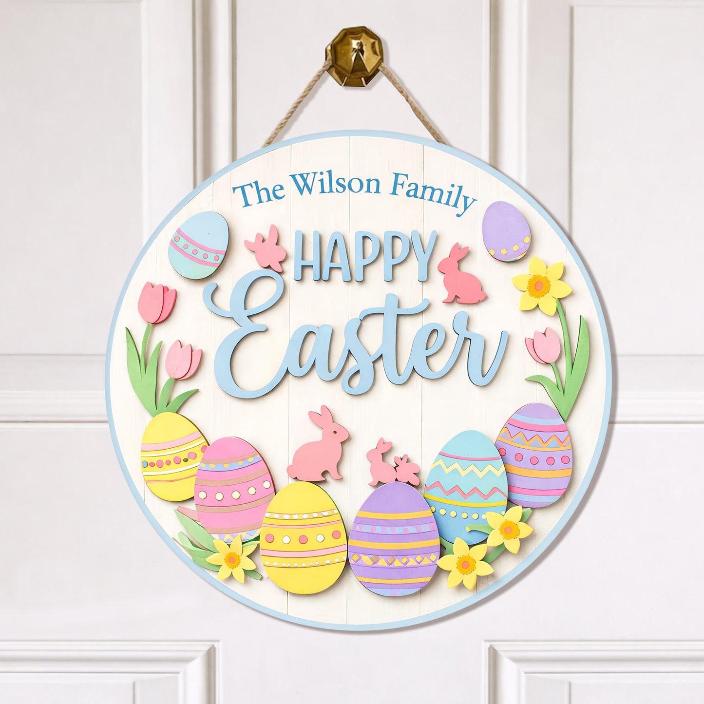 Personalized Happy Easter Door Sign Colorful Egg And Bunny Family