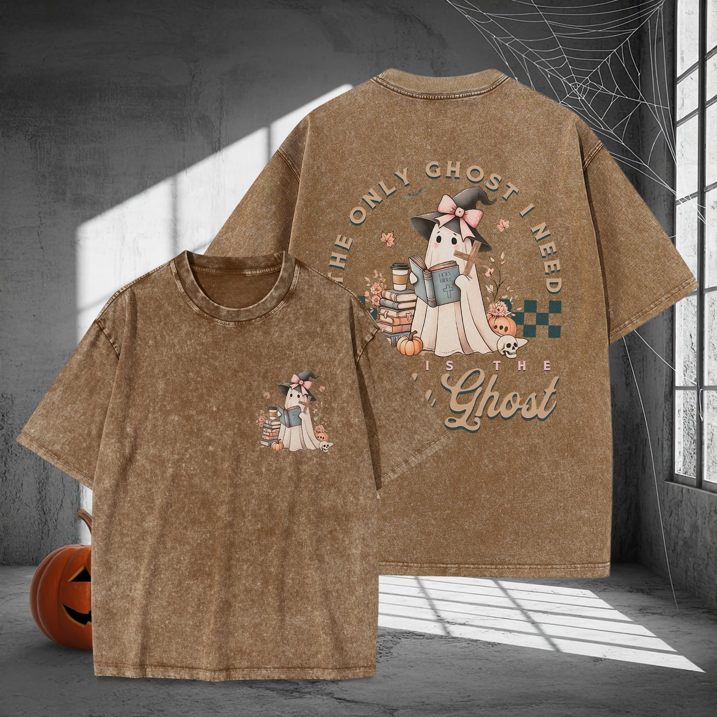 The Only Ghost I Need Is The Ghost Bookworm Halloween Washed 100% Cotton Two Sides T-Shirt Cozy Reading Tee