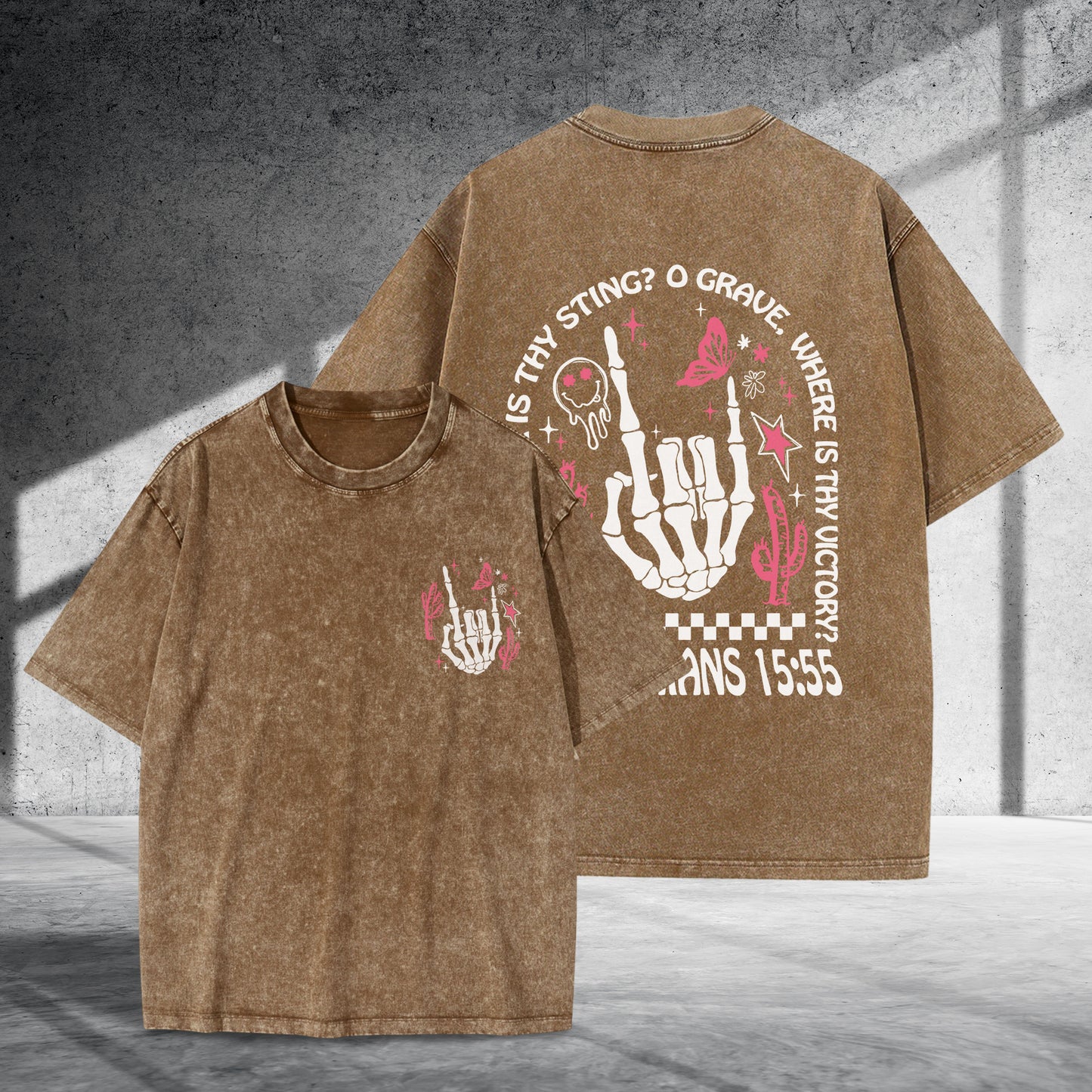 Where Is Thy Sting O Grave Christian Victory Washed 100% Cotton Two Sides T-Shirt 1 Corinthians 15:55 Faith Tee