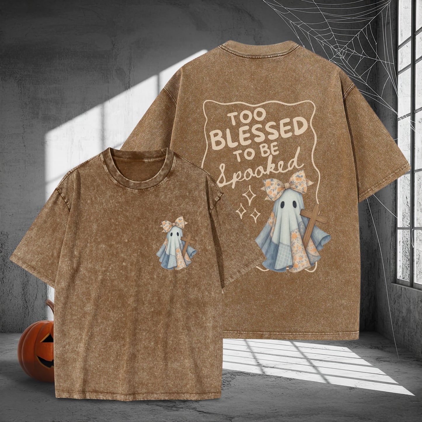 Too Blessed To Be Spooked Christian Halloween Washed 100% Cotton Two Sides T-Shirt Faith Over Fear Tee