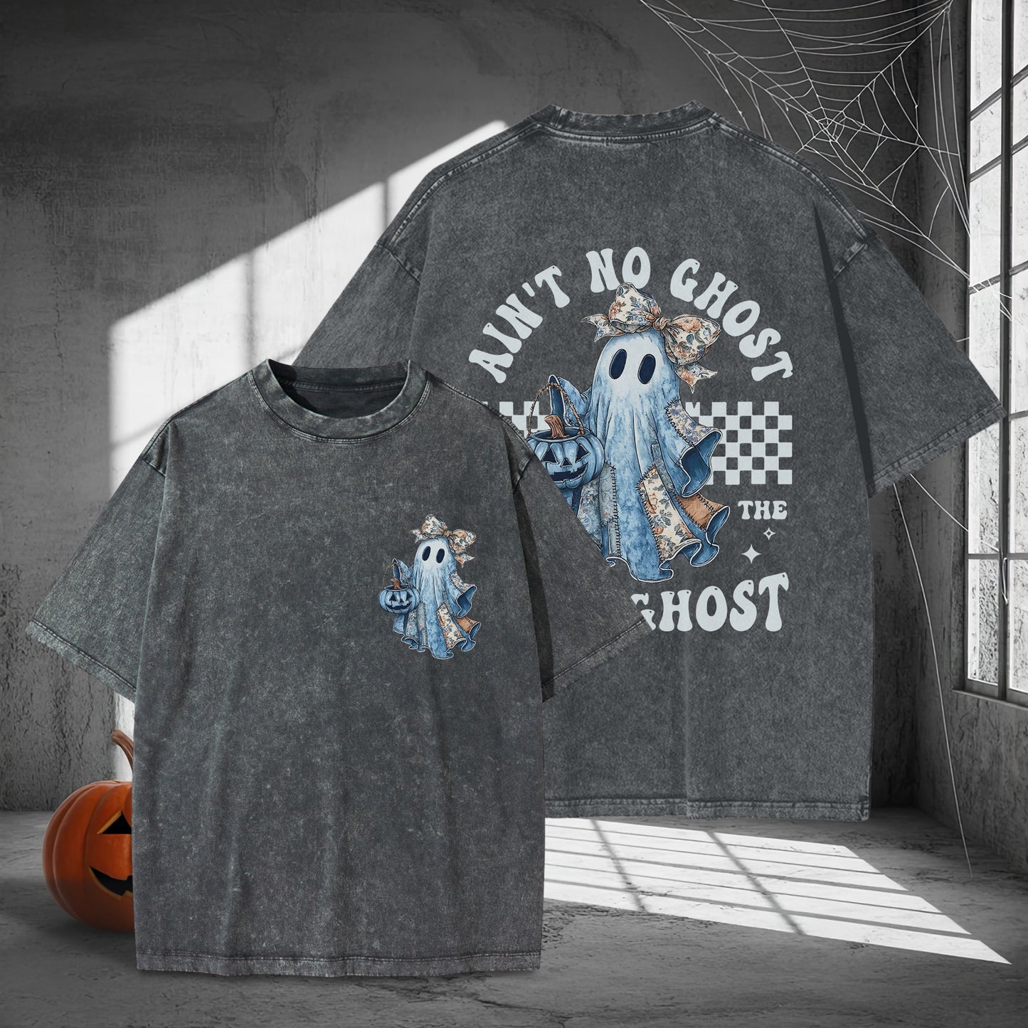 Ain't No Ghost Like The Ghost Denim Jacket Washed 100% Cotton Two Sides Halloween T-Shirt Trendy Spooky Tee