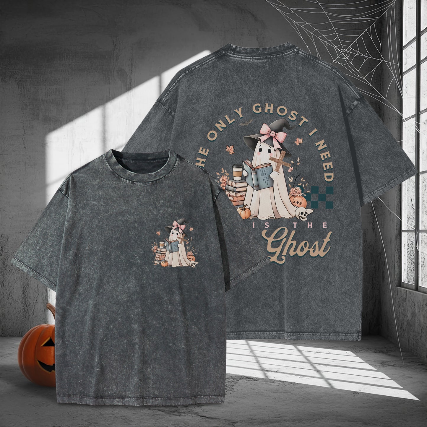 The Only Ghost I Need Cozy Autumn Reading Washed 100% Cotton Two Sides Halloween T-Shirt Book Lover Tee