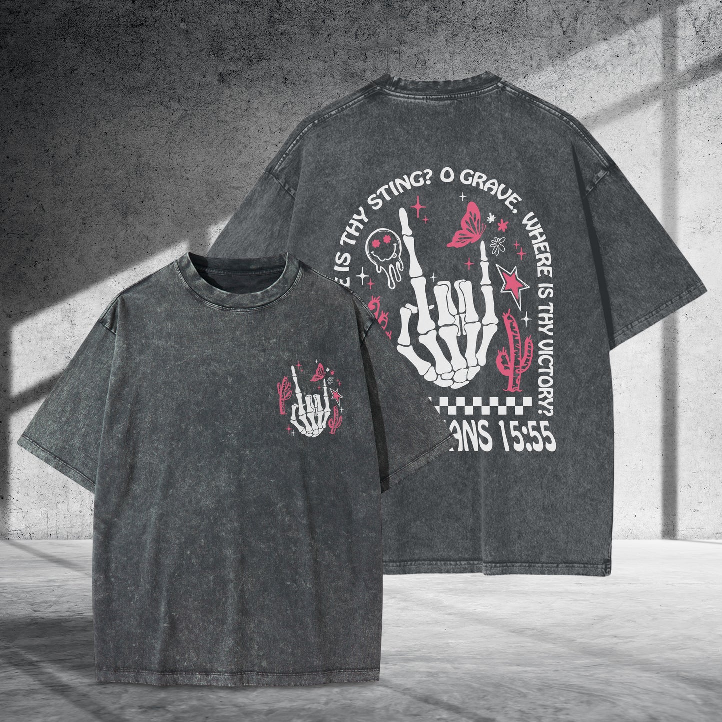 Where Is Thy Sting O Grave Christian Victory Washed 100% Cotton Two Sides T-Shirt 1 Corinthians 15:55 Faith Tee