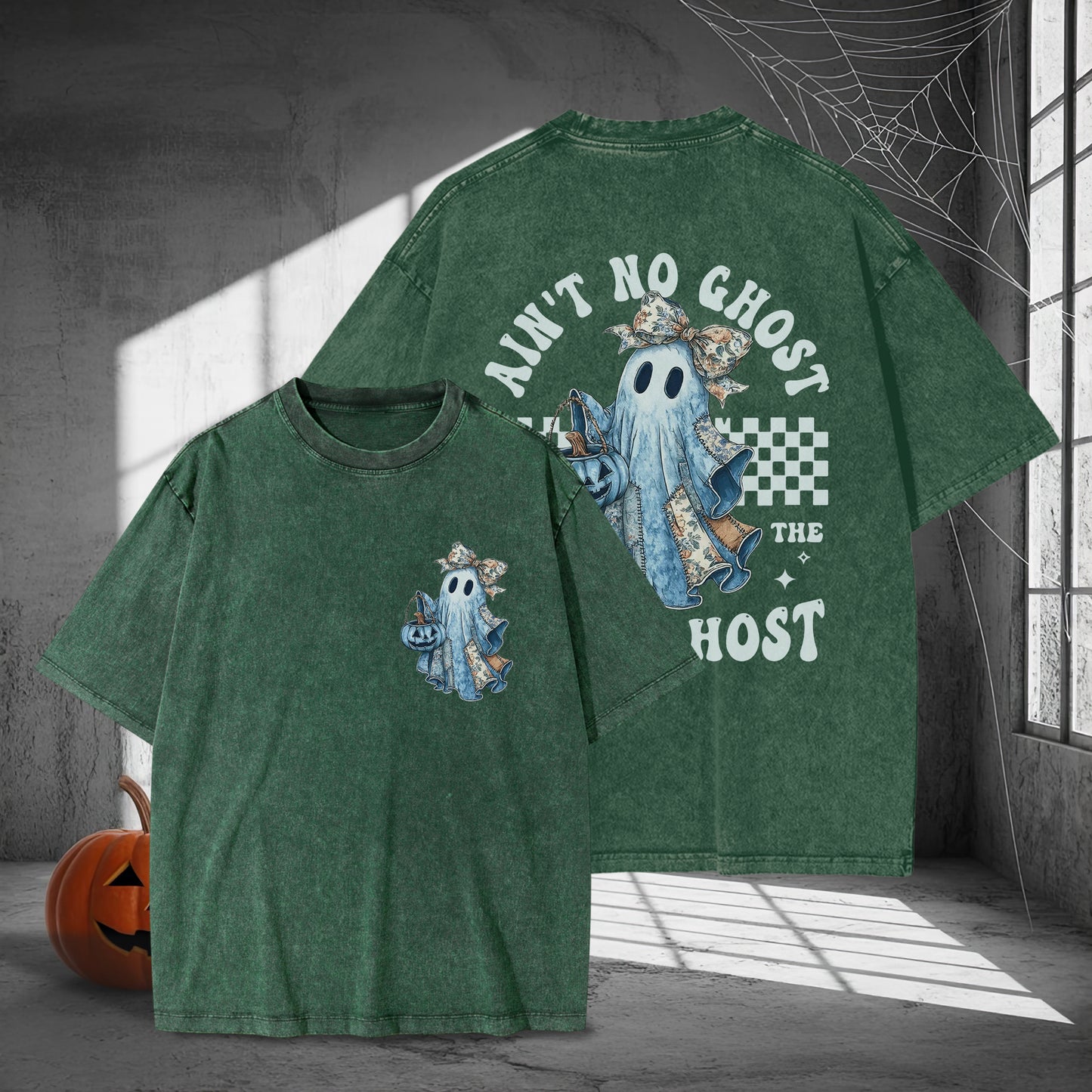Ain't No Ghost Like The Ghost Denim Jacket Washed 100% Cotton Two Sides Halloween T-Shirt Trendy Spooky Tee