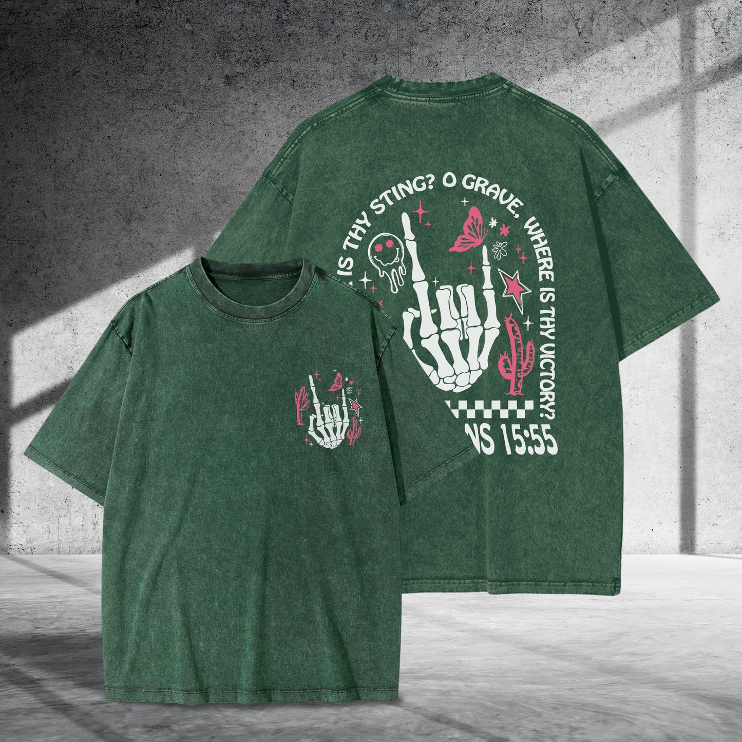 Where Is Thy Sting O Grave Christian Victory Washed 100% Cotton Two Sides T-Shirt 1 Corinthians 15:55 Faith Tee