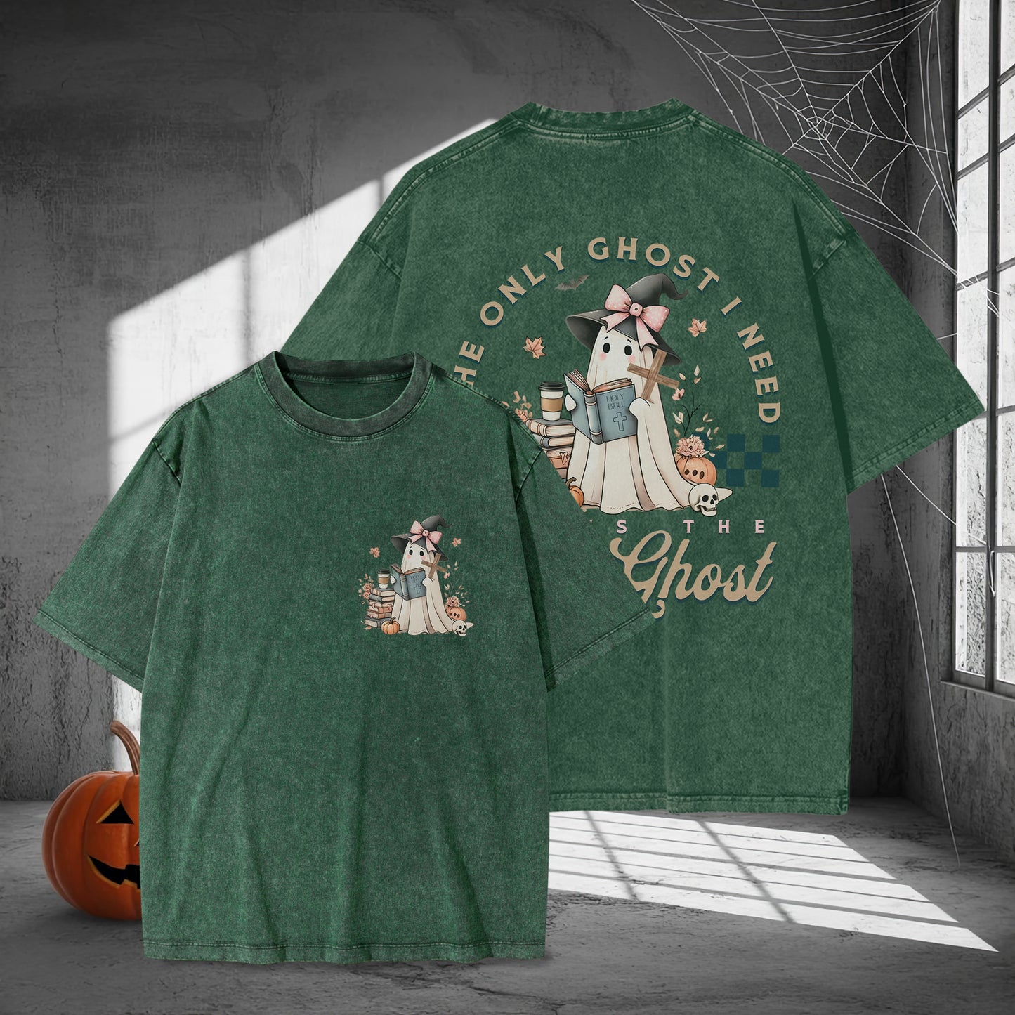 The Only Ghost I Need Cozy Autumn Reading Washed 100% Cotton Two Sides Halloween T-Shirt Book Lover Tee