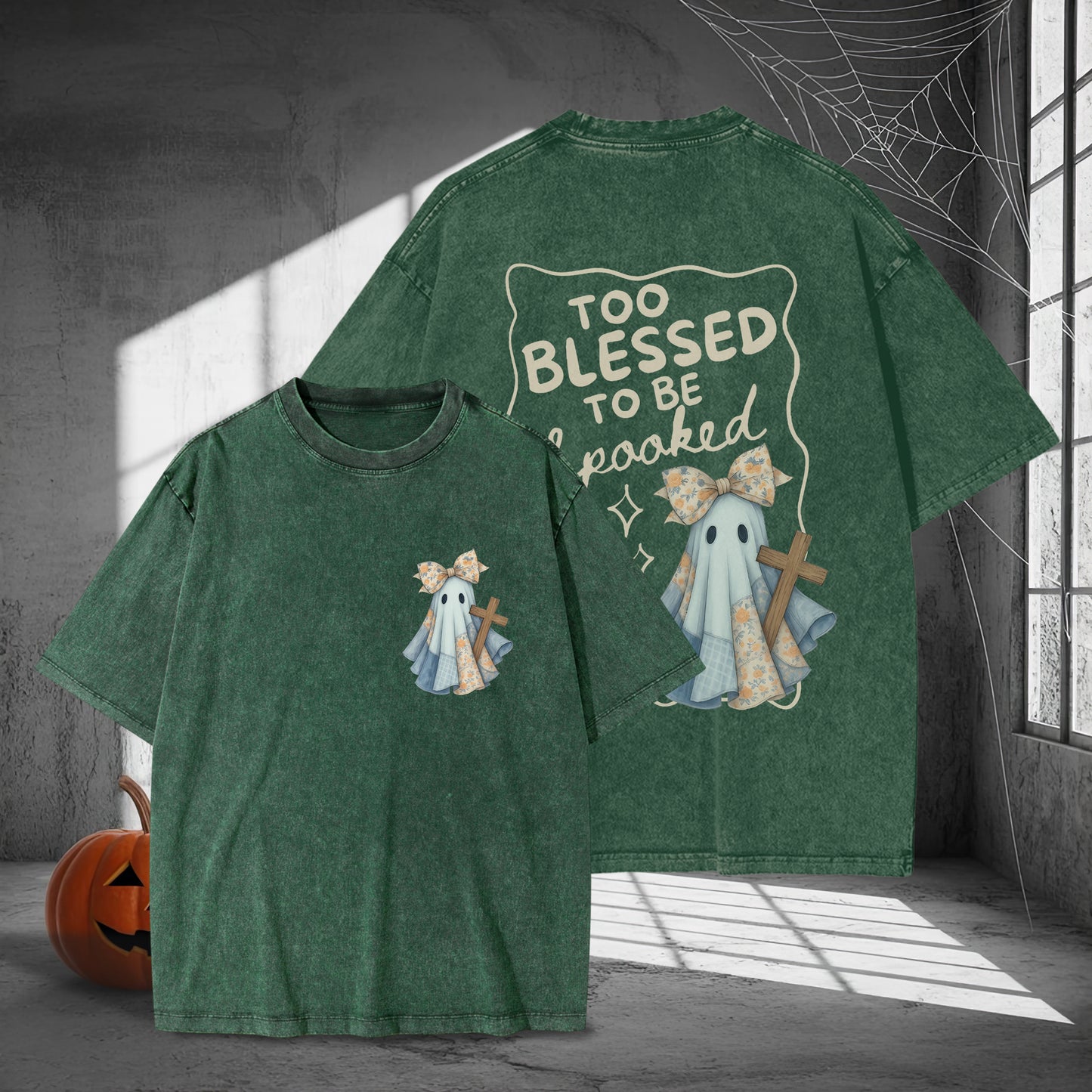 Too Blessed To Be Spooked Christian Halloween Washed 100% Cotton Two Sides T-Shirt Faith Over Fear Tee