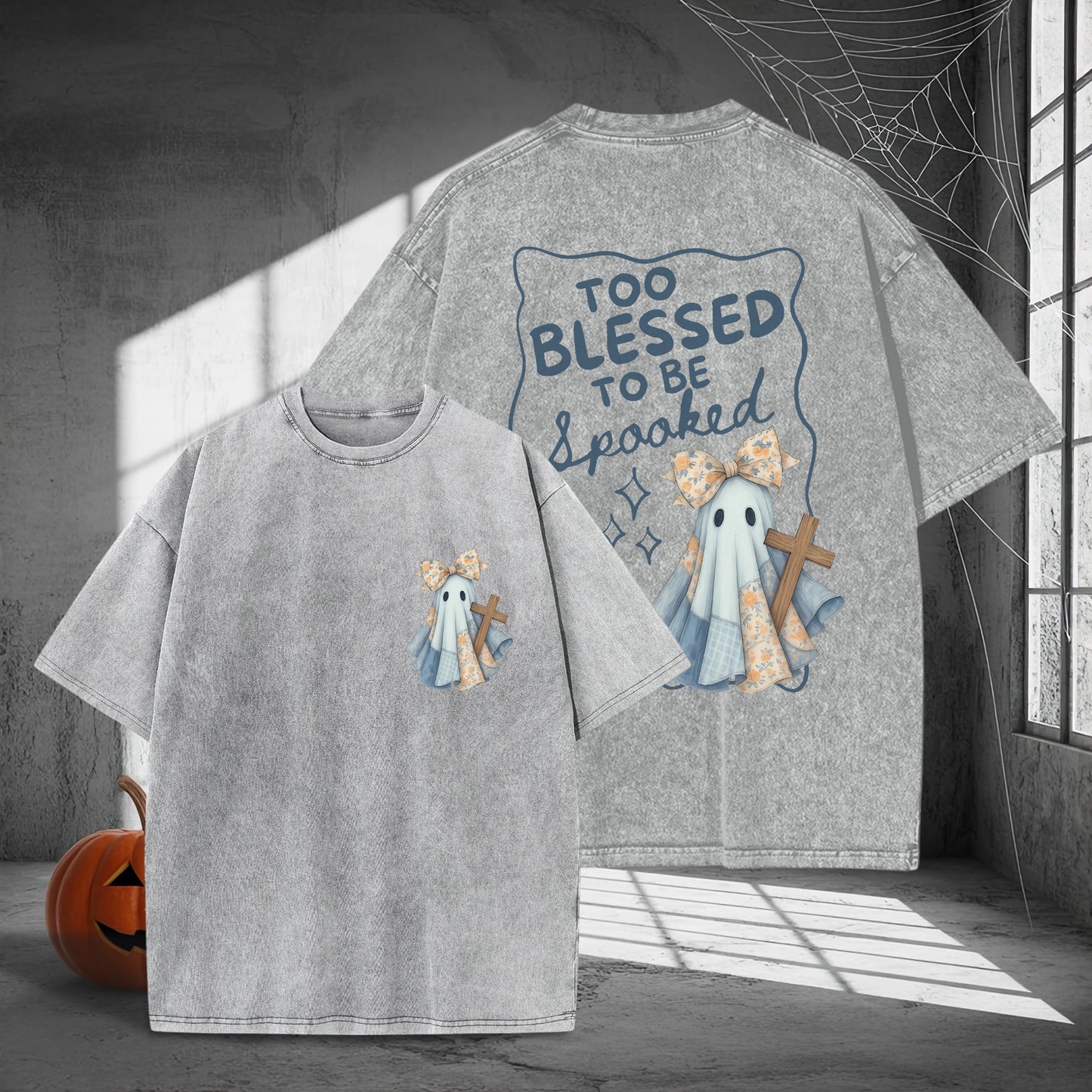 Too Blessed To Be Spooked Christian Halloween Washed 100% Cotton Two Sides T-Shirt Faith Over Fear Tee