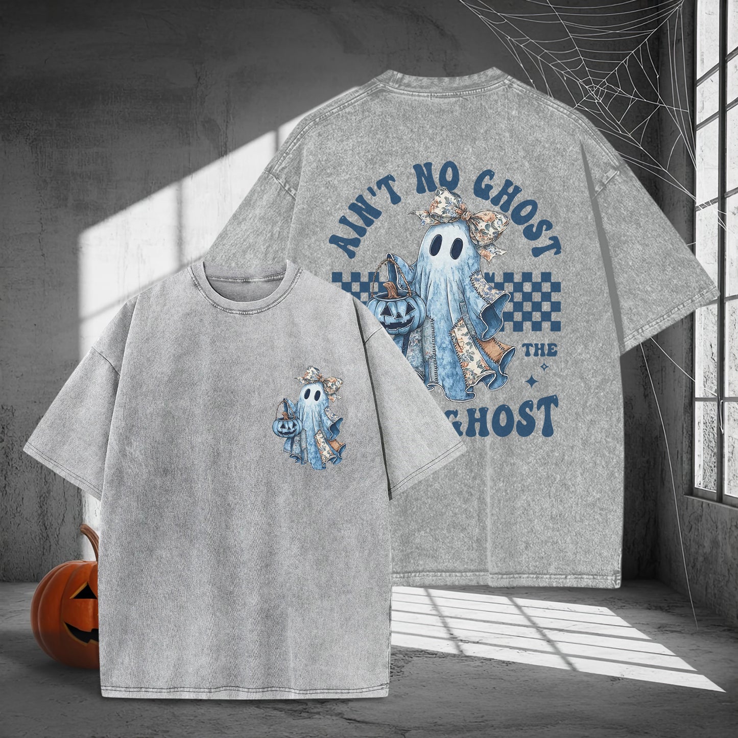 Ain't No Ghost Like The Ghost Denim Jacket Washed 100% Cotton Two Sides Halloween T-Shirt Trendy Spooky Tee