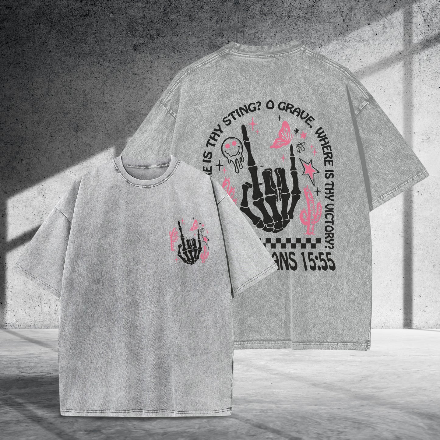 Where Is Thy Sting O Grave Christian Victory Washed 100% Cotton Two Sides T-Shirt 1 Corinthians 15:55 Faith Tee