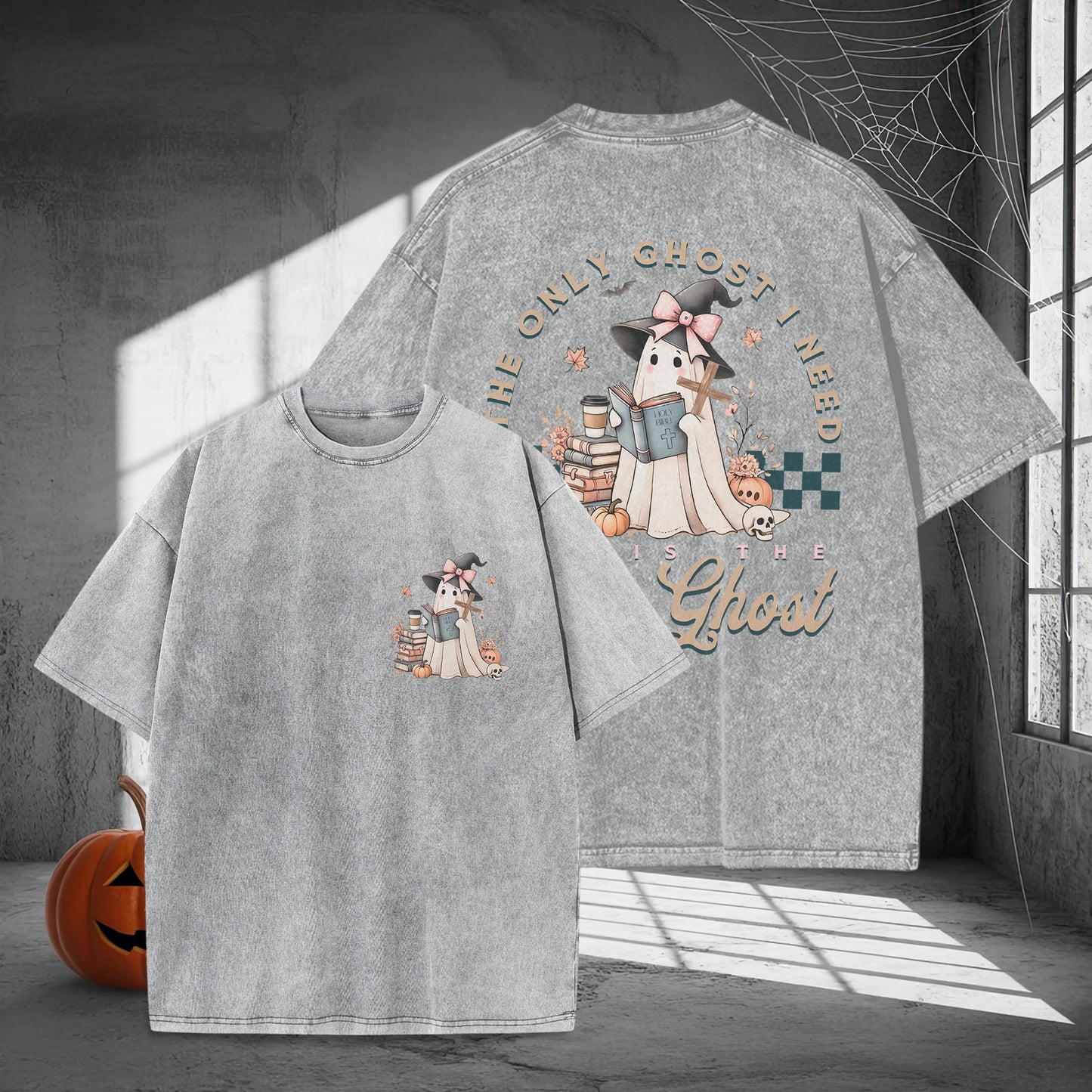 The Only Ghost I Need Cozy Autumn Reading Washed 100% Cotton Two Sides Halloween T-Shirt Book Lover Tee