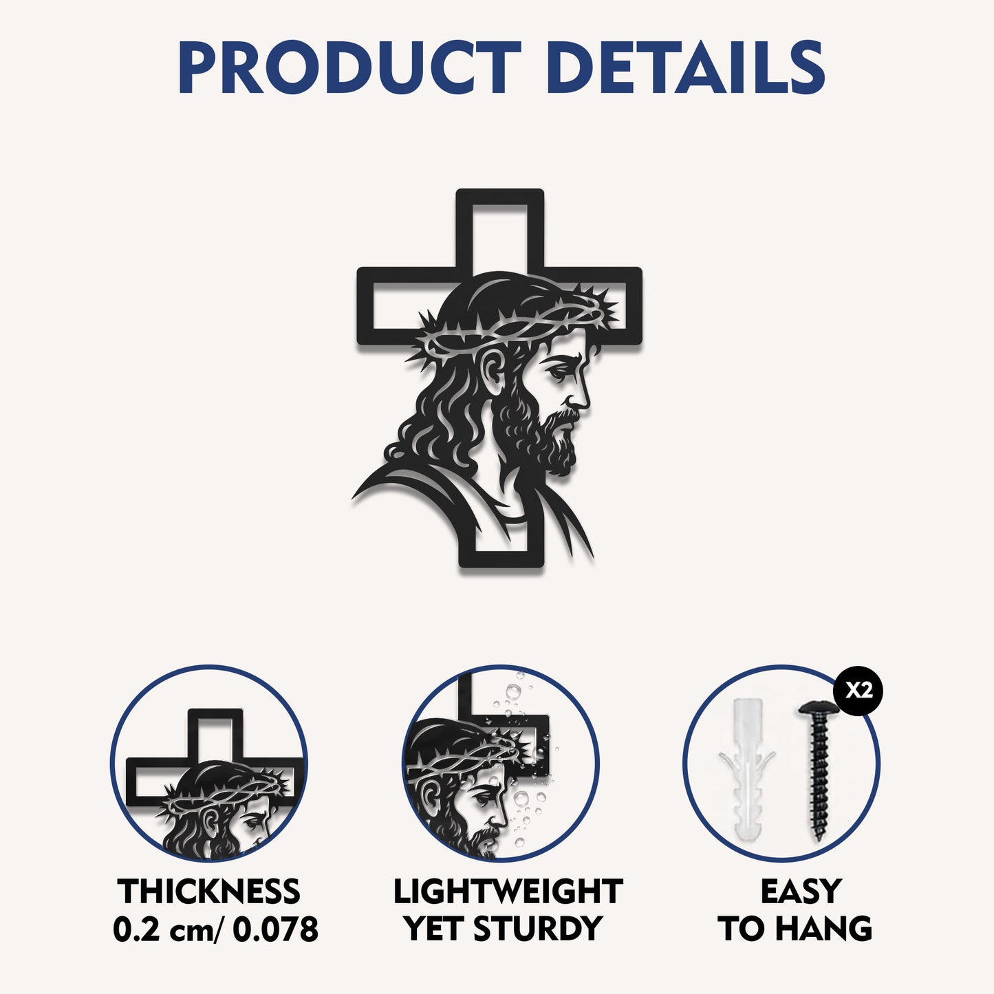 Jesus with Crown of Thorns Cross Metal Wall Art – Christian Religious Home Decor