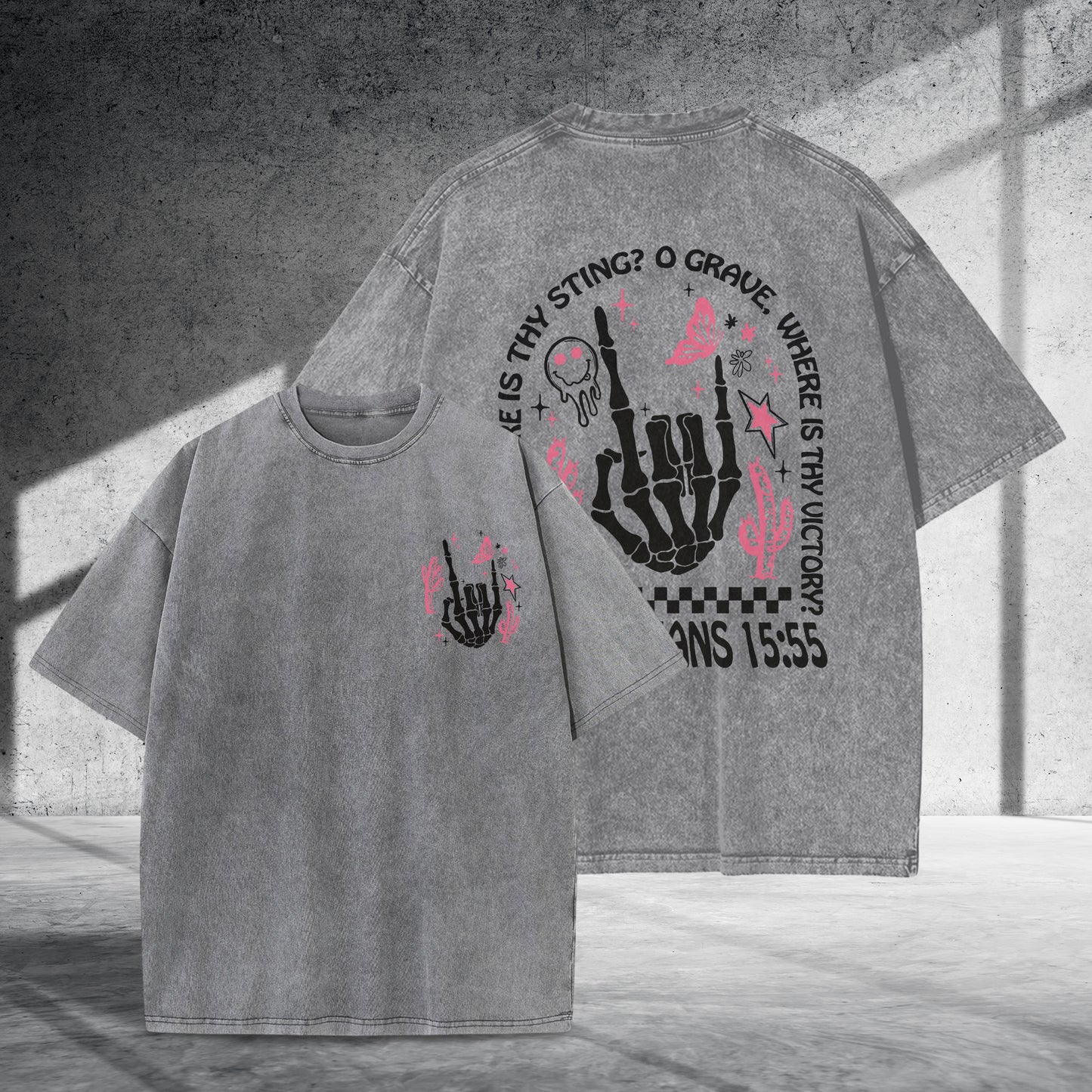 Where Is Thy Sting O Grave Christian Victory Washed 100% Cotton Two Sides T-Shirt 1 Corinthians 15:55 Faith Tee