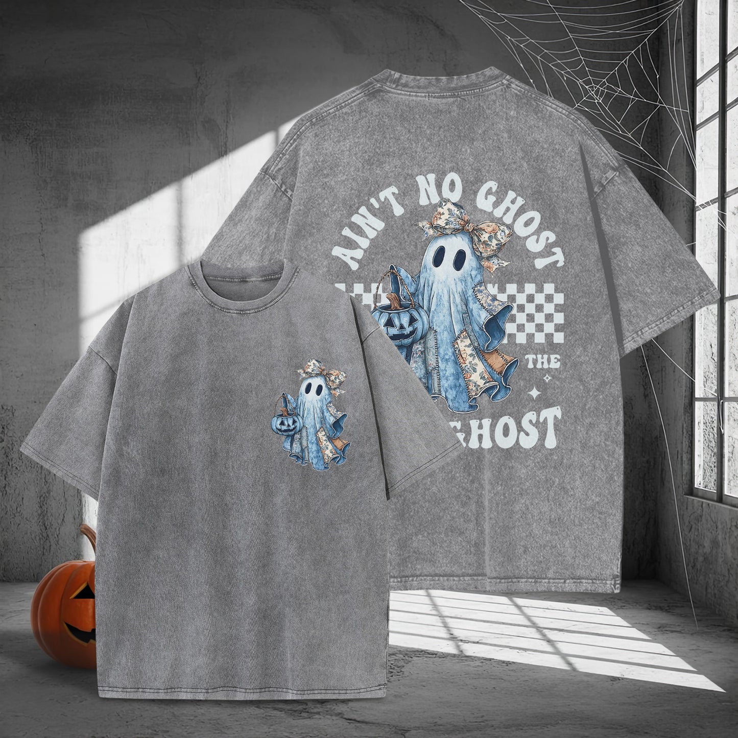 Ain't No Ghost Like The Ghost Denim Jacket Washed 100% Cotton Two Sides Halloween T-Shirt Trendy Spooky Tee