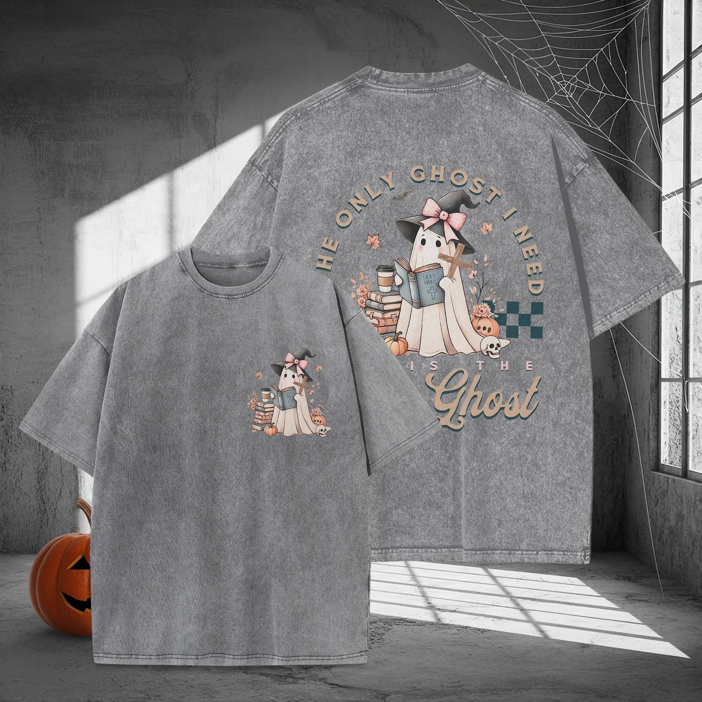 The Only Ghost I Need Is The Ghost Bookworm Halloween Washed 100% Cotton Two Sides T-Shirt Cozy Reading Tee