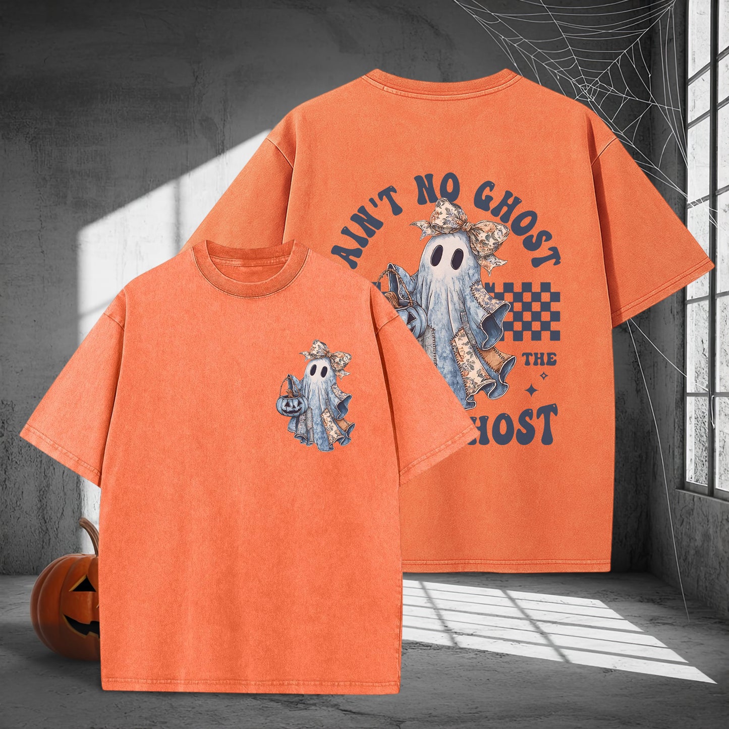 Ain't No Ghost Like The Ghost Denim Jacket Washed 100% Cotton Two Sides Halloween T-Shirt Trendy Spooky Tee