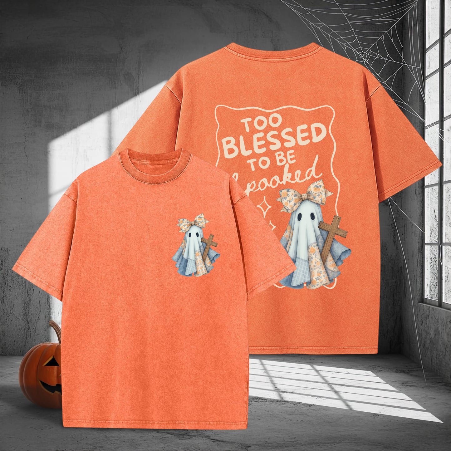 Too Blessed To Be Spooked Christian Halloween Washed 100% Cotton Two Sides T-Shirt Faith Over Fear Tee