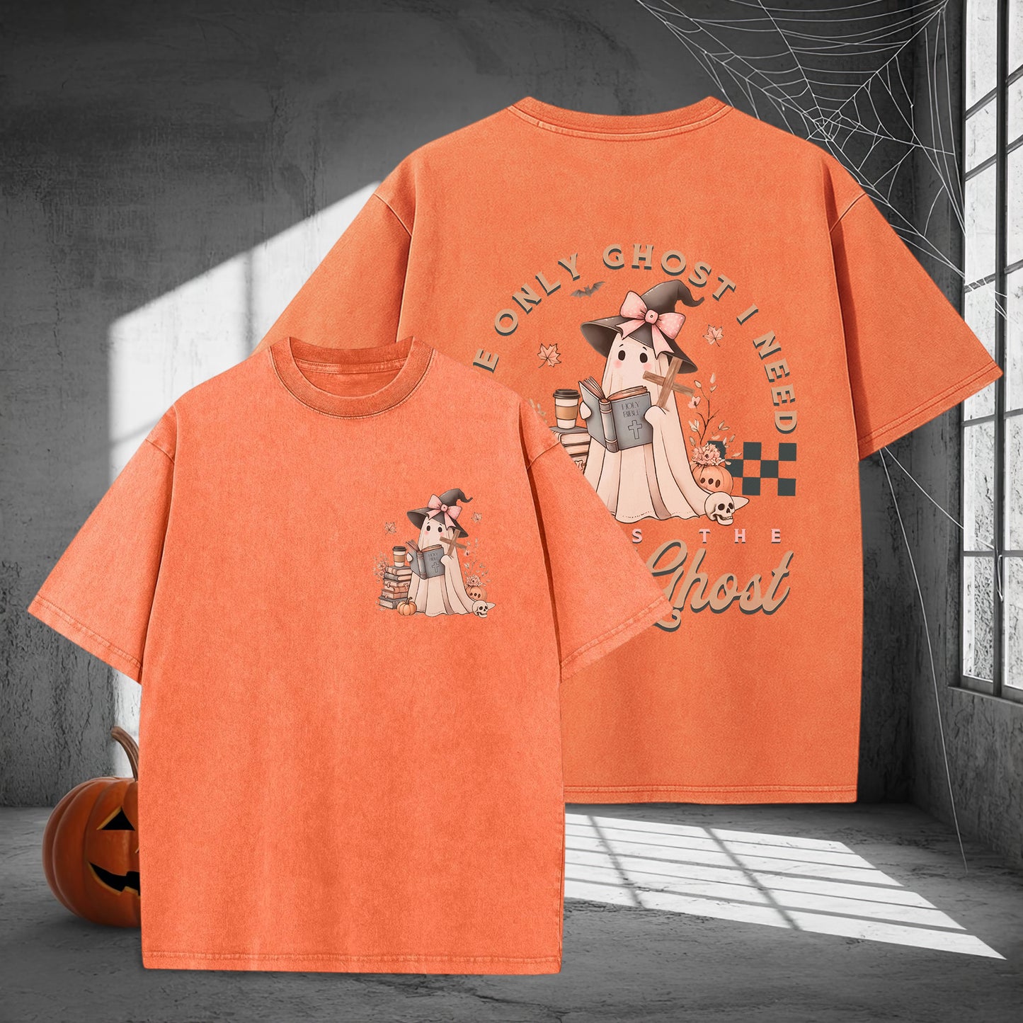 The Only Ghost I Need Cozy Autumn Reading Washed 100% Cotton Two Sides Halloween T-Shirt Book Lover Tee