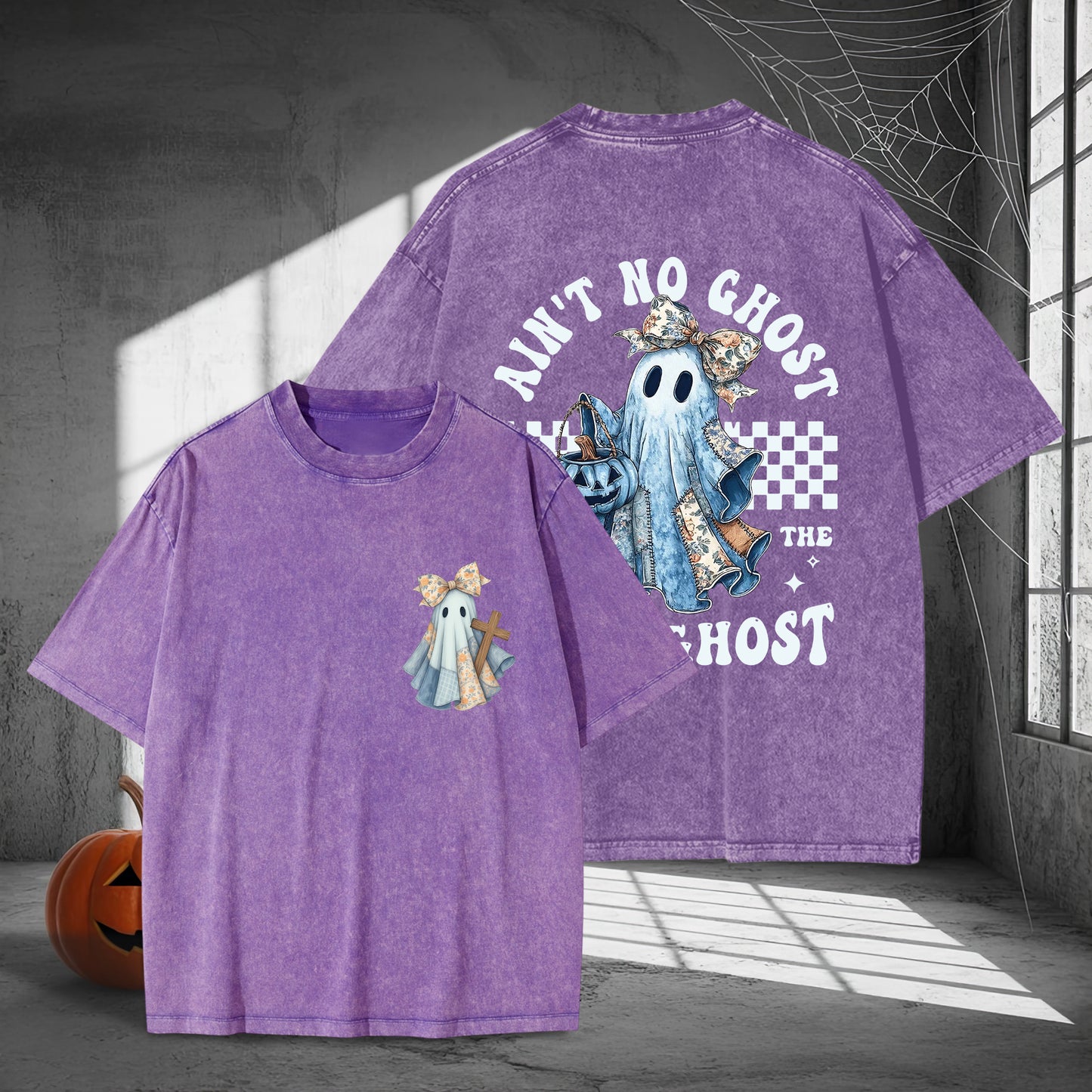 Ain't No Ghost Like The Ghost Denim Jacket Washed 100% Cotton Two Sides Halloween T-Shirt Trendy Spooky Tee