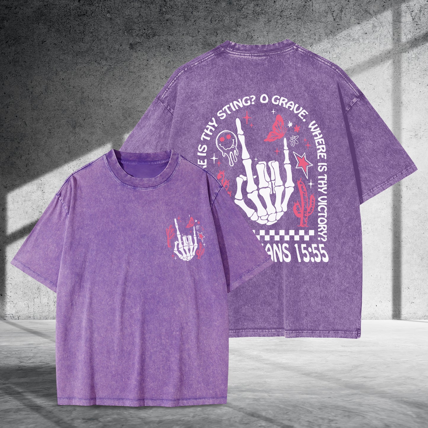 Where Is Thy Sting O Grave Christian Victory Washed 100% Cotton Two Sides T-Shirt 1 Corinthians 15:55 Faith Tee