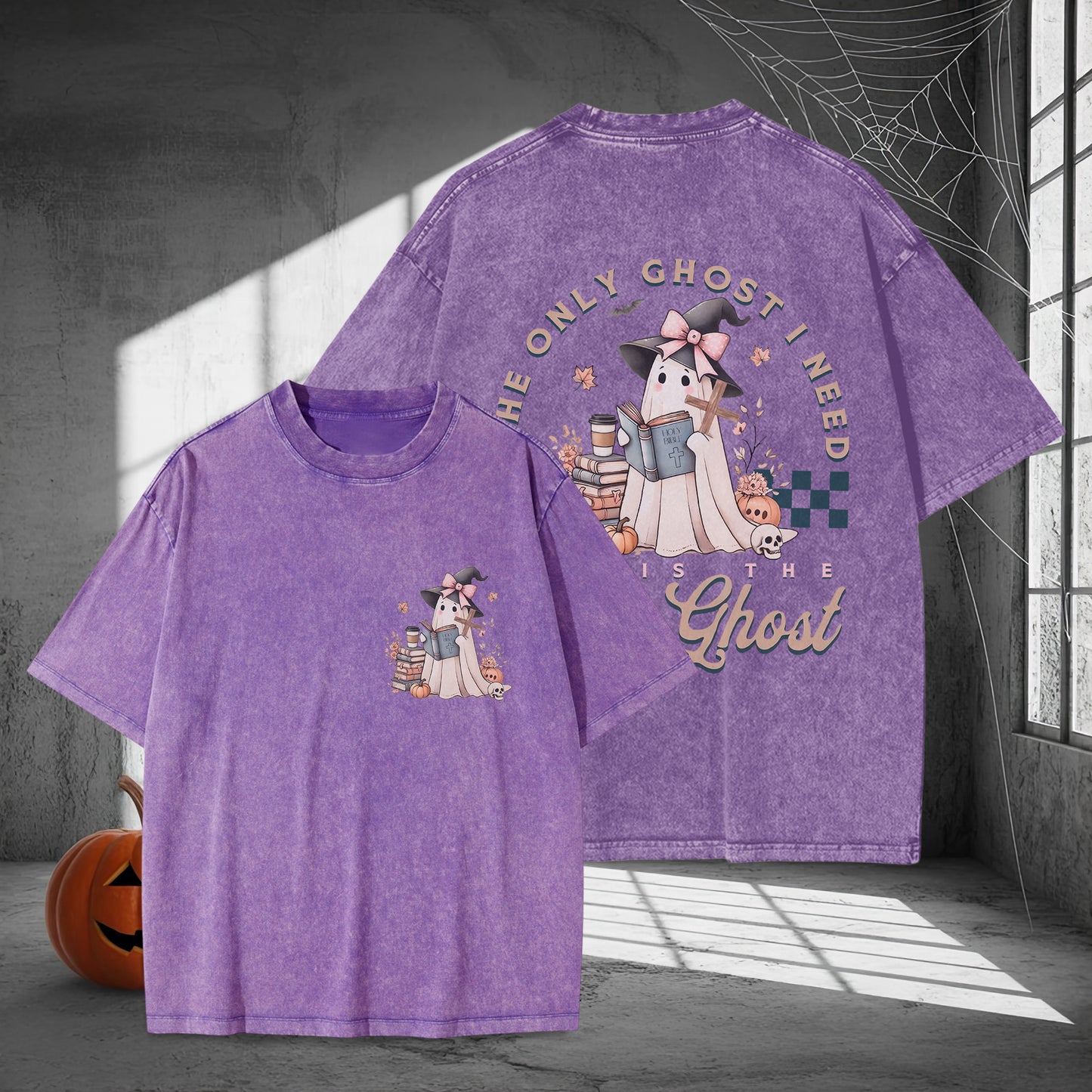 The Only Ghost I Need Is The Ghost Bookworm Halloween Washed 100% Cotton Two Sides T-Shirt Cozy Reading Tee