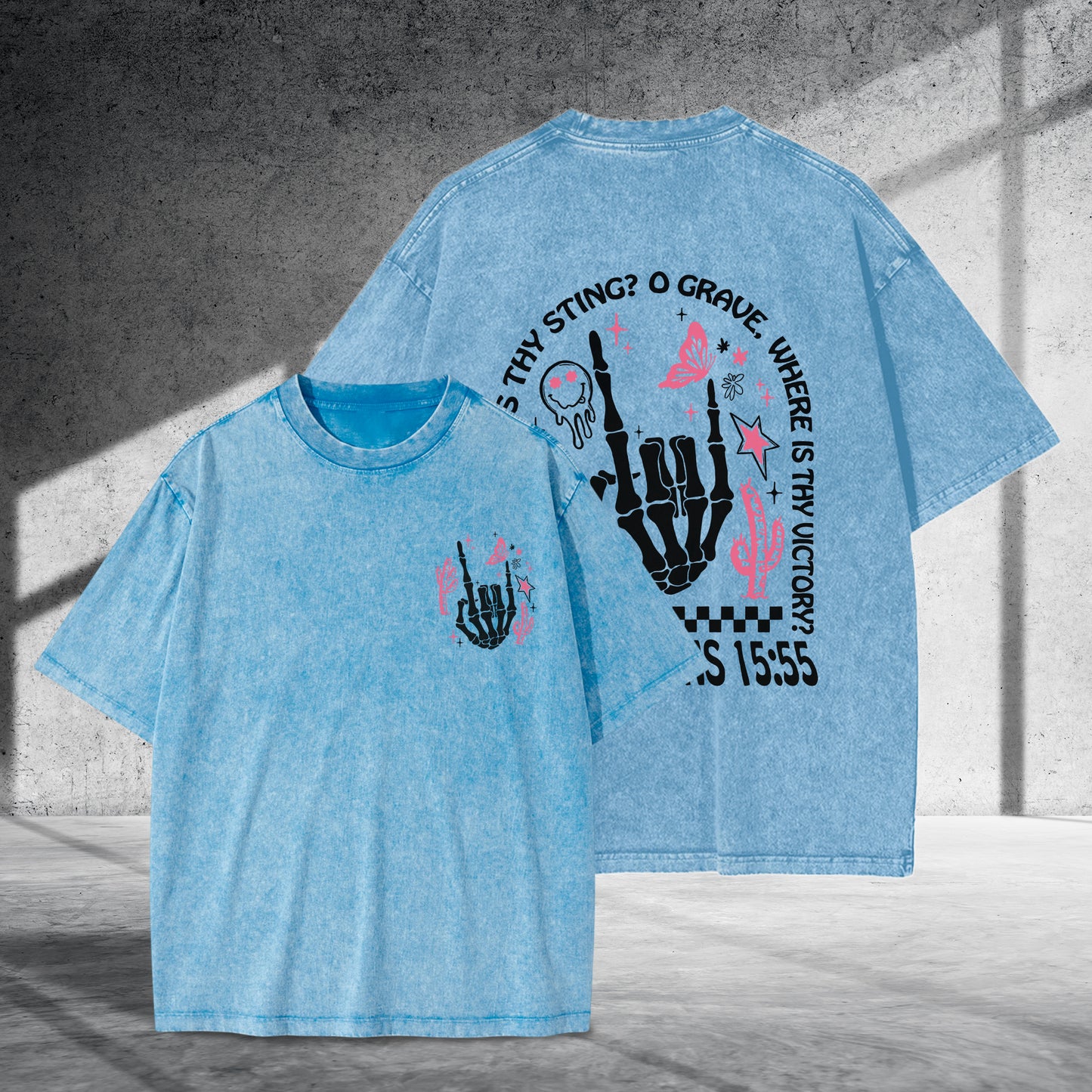 Where Is Thy Sting O Grave Christian Victory Washed 100% Cotton Two Sides T-Shirt 1 Corinthians 15:55 Faith Tee