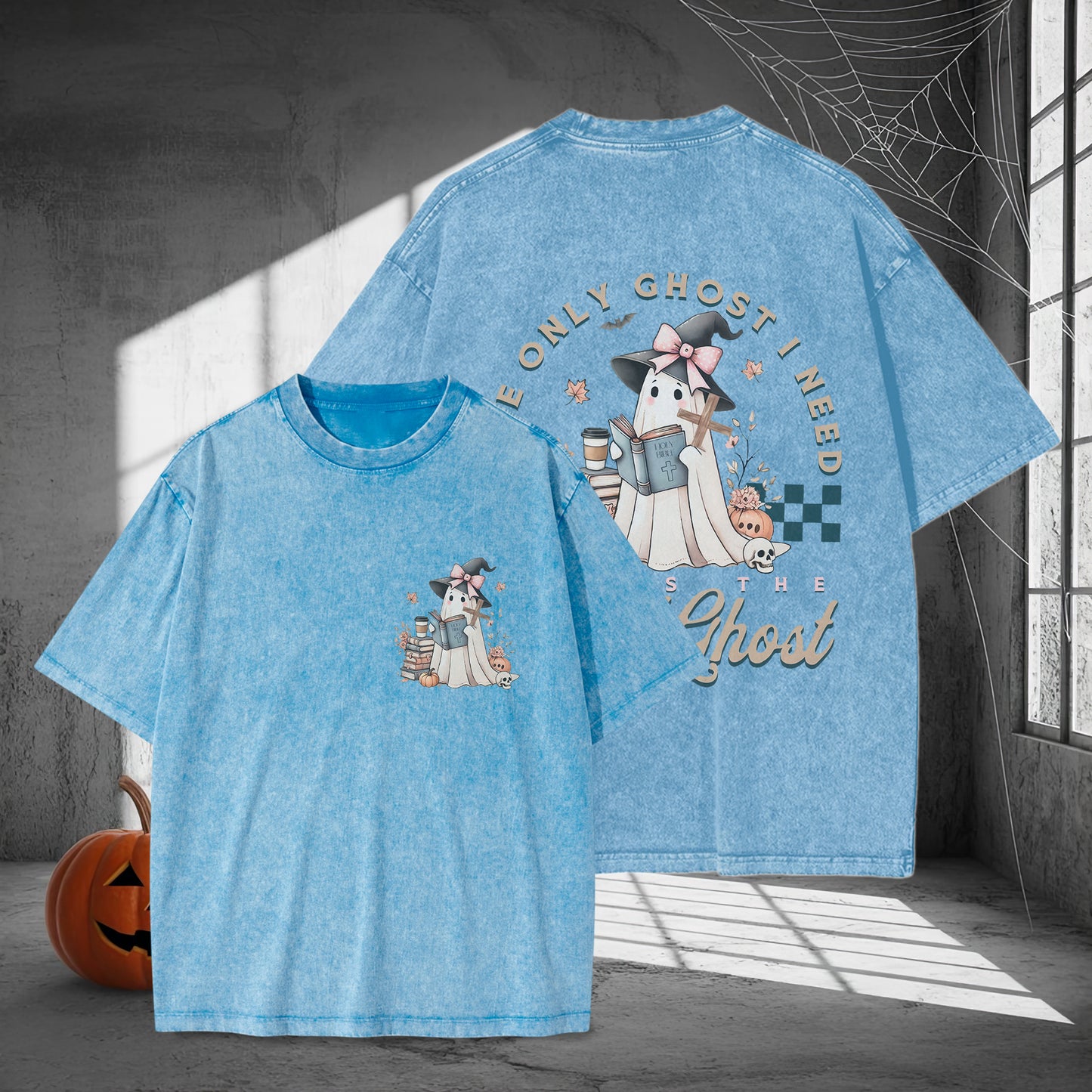 The Only Ghost I Need Is The Ghost Bookworm Halloween Washed 100% Cotton Two Sides T-Shirt Cozy Reading Tee