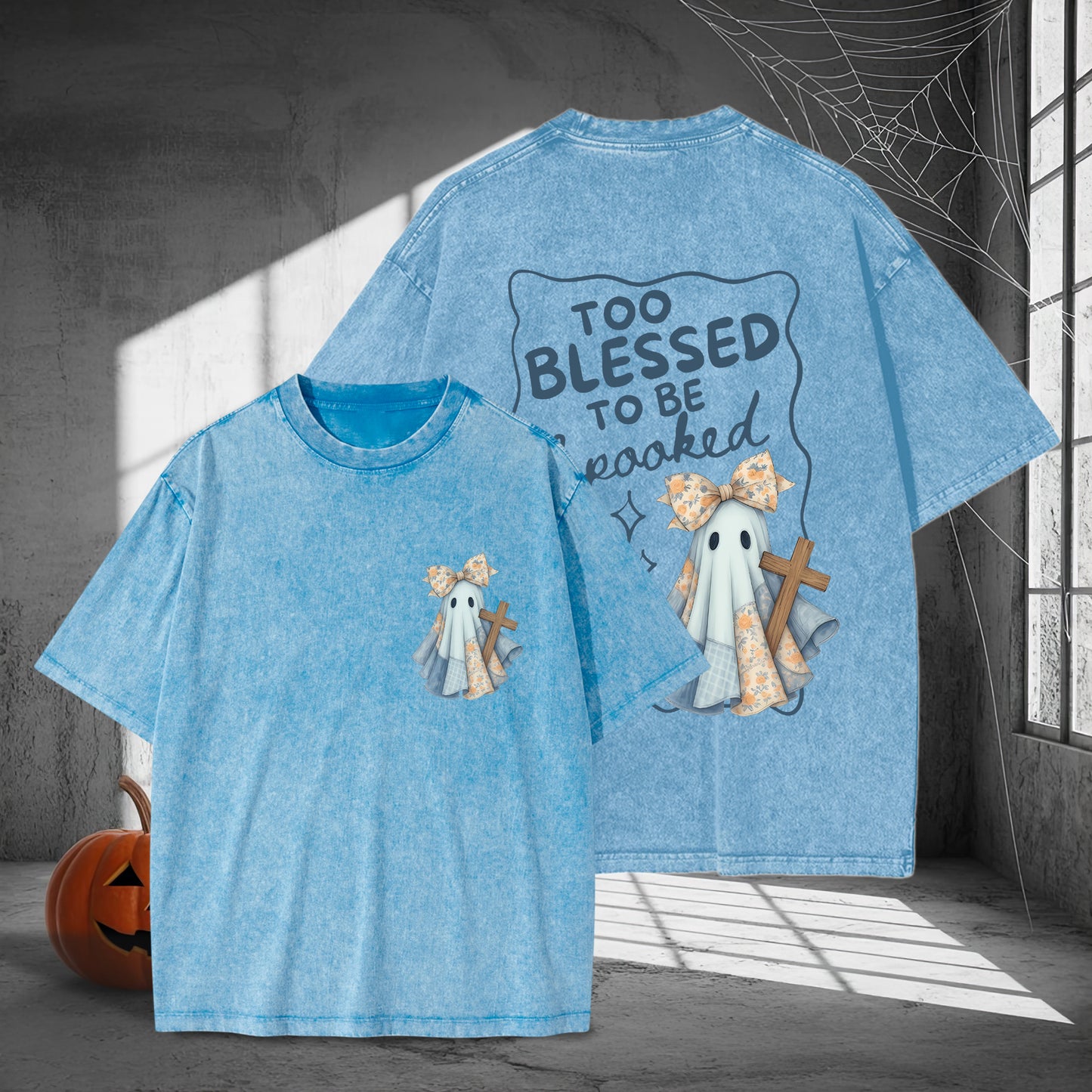 Too Blessed To Be Spooked Christian Halloween Washed 100% Cotton Two Sides T-Shirt Faith Over Fear Tee