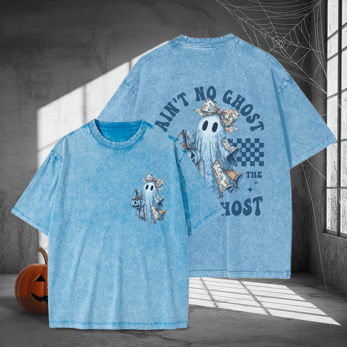 Ain't No Ghost Like The Ghost Denim Jacket Washed 100% Cotton Two Sides Halloween T-Shirt Trendy Spooky Tee