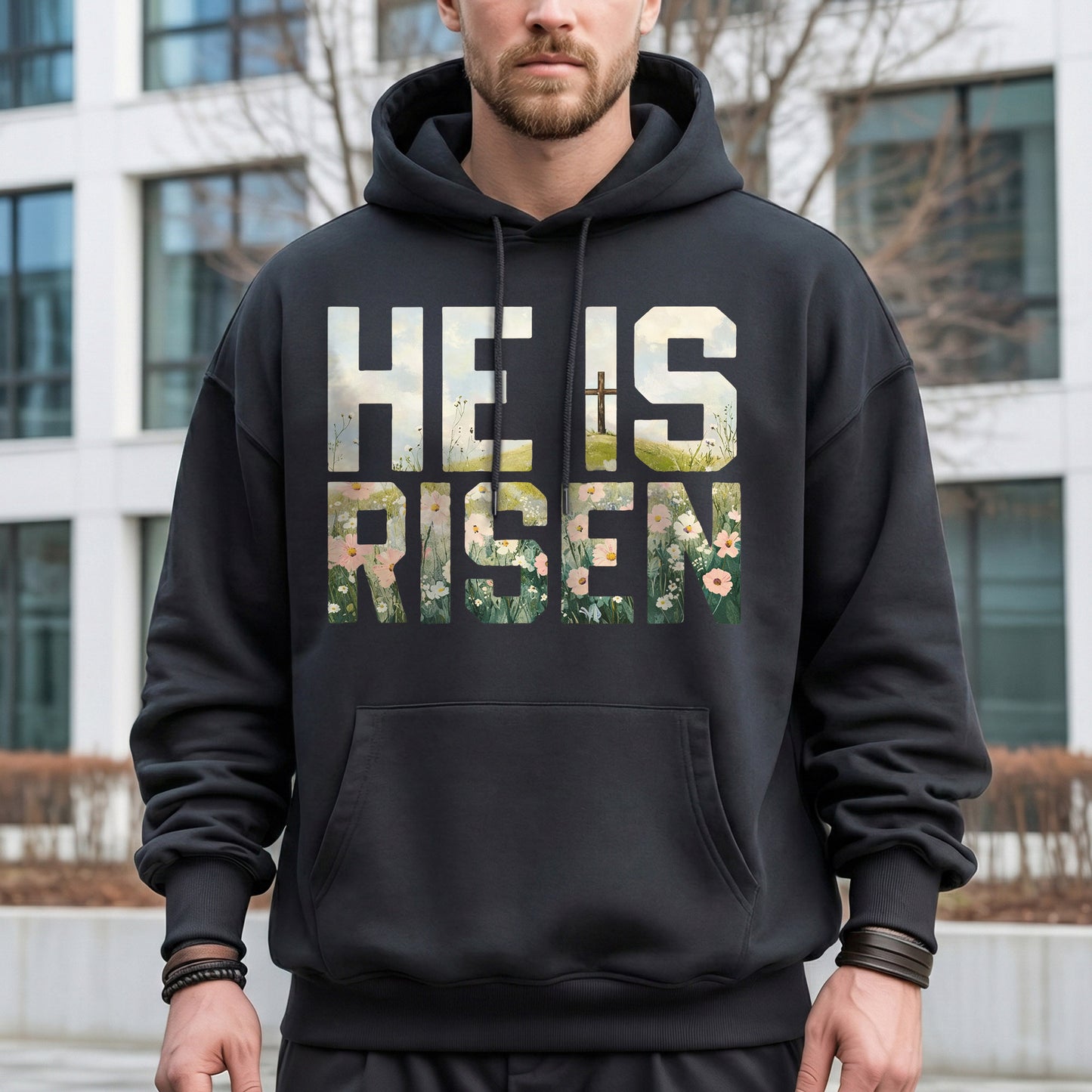 Landscape Floral Block Letters – He is Risen – Unisex Tshirt / Hoodie / Sweatshirt