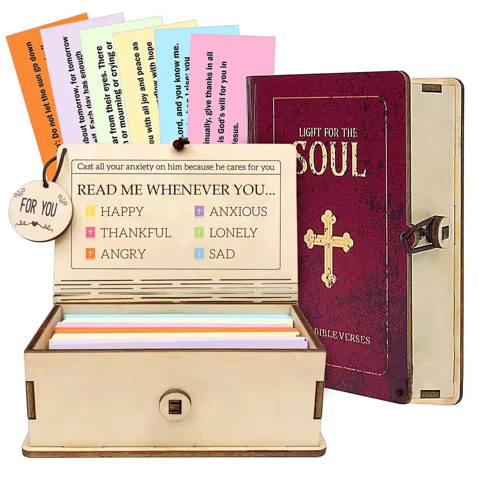 Wooden Bible Verses Box with 150 Prayer Cards Handmade Note Storage Box Portable Bible Verse Cards Box for Home Gathering Gift