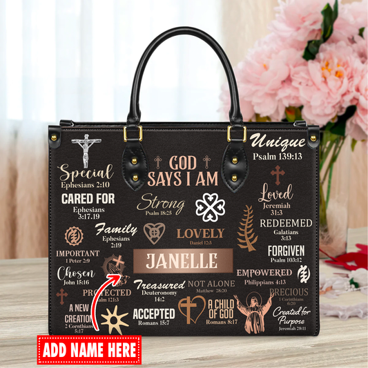 God Says I Am Special Loved Chosen Christian Identity Affirmation Personalized Leather Handbag