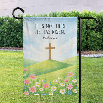 "He is Risen" Easter Cross Garden Flag – Matthew 28:6 Design