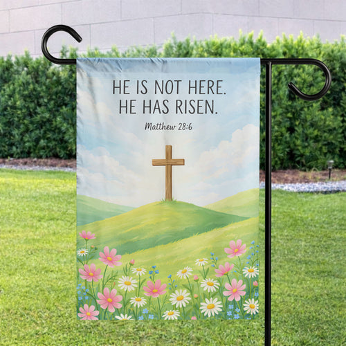 "He is Risen" Easter Cross Garden Flag – Matthew 28:6 Design