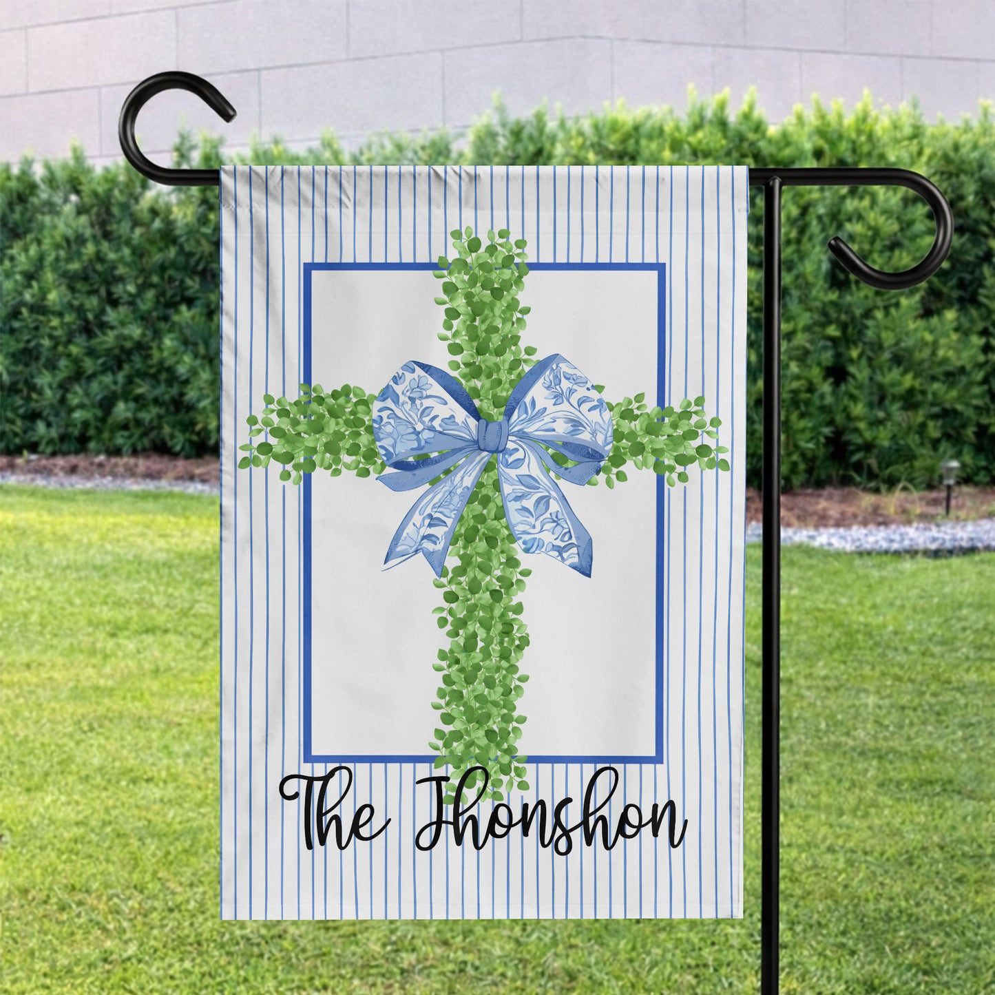 Personalized Cross with Blue Ribbon and Stripes Flag