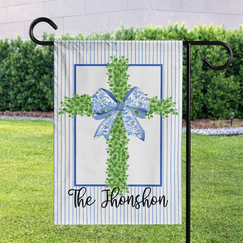 Personalized Cross with Blue Ribbon and Stripes Flag