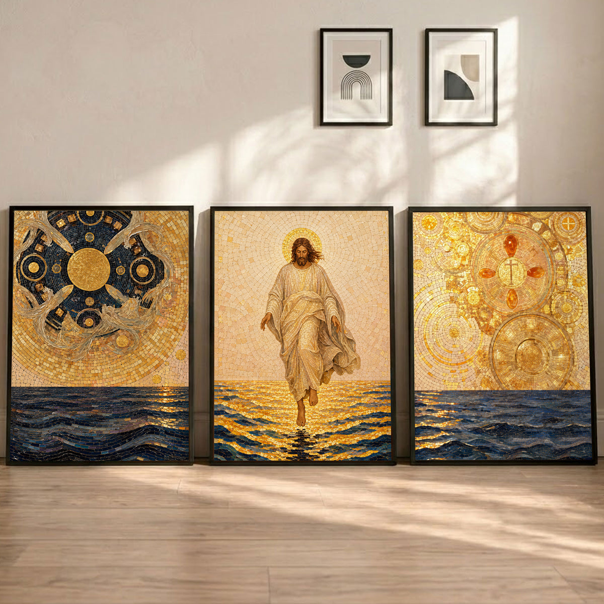 Jesus Walking on Water 3 Panel Wall Art Canvas/Poster – Golden Mosaic Jesus Christ Christian Home Decor
