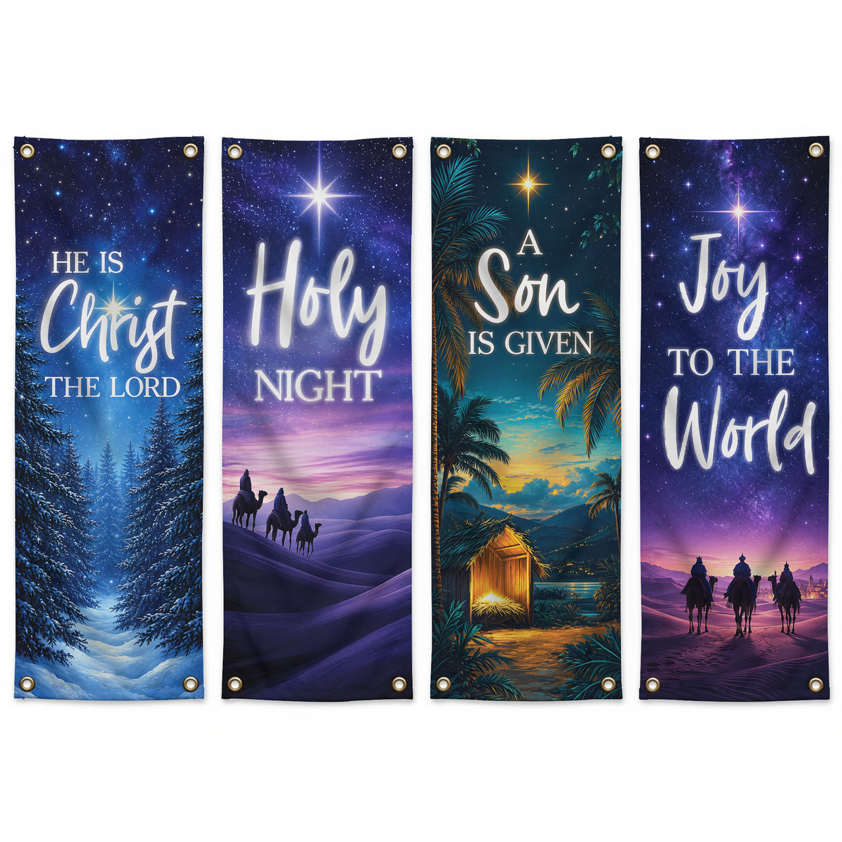 Holy Night & Joy to the World Christmas Banner Set – Christian Nativity Hanging Decor