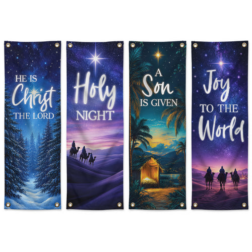 Holy Night & Joy to the World Christmas Banner Set – Christian Nativity Hanging Decor