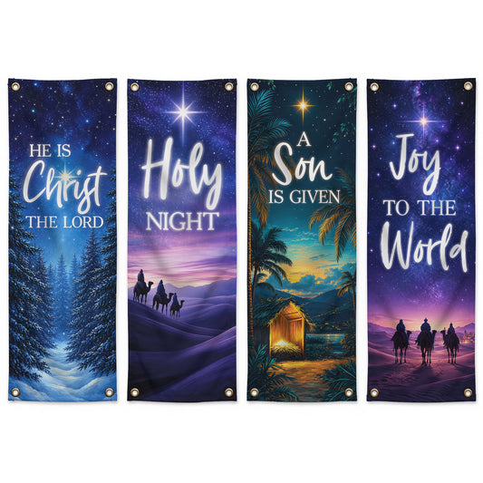 Holy Night & Joy to the World Christmas Banner Set – Christian Nativity Hanging Decor
