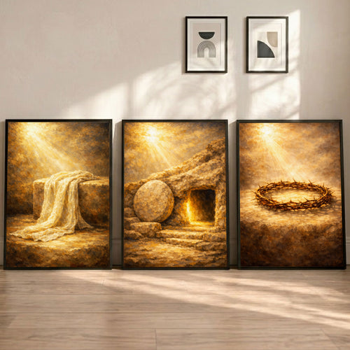 Biblical Bread and Fish Still Life Wall Art Set – Olive He Is Risen Empty Tomb Canvas Wall Art Set of 3 – Christian Resurrection Wall Decor for Living Room, Bedroom, or Easter Home DisplayBranch Faith Collection - Poster/Canvas