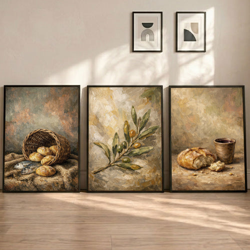 Biblical Bread and Fish Still Life Wall Art Set – Olive Branch Faith Collection - Poster/Canvas