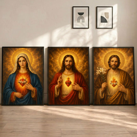 Holy Family Sacred Hearts 3 Panel Wall Art Canvas/Poster – Jesus, Virgin Mary & St. Joseph Catholic Christian Decor