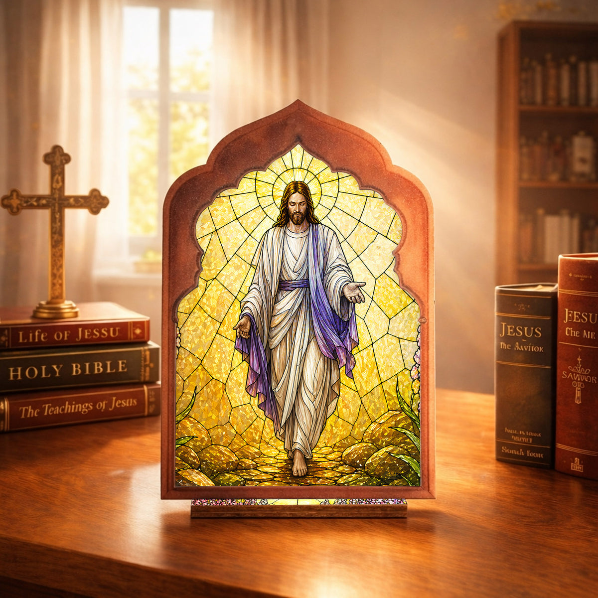 Stained Glass Jesus Suncatcher Candle Holder - Perfect for Prayer Corner, Gift, or Home Decor