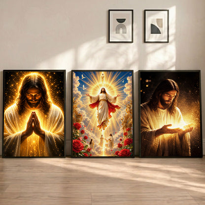 Divine Light of Jesus 3 Panel Wall Art Canvas/Poster – Glowing Jesus Christ Christian Home Decor