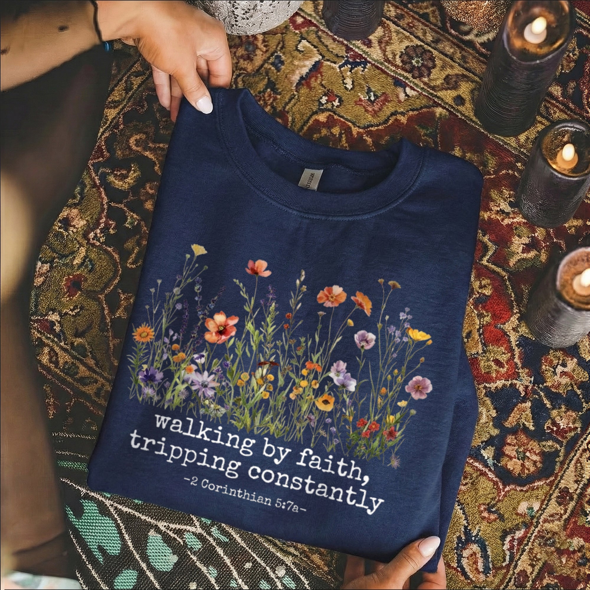 Walking by Faith Christian – Wildflower Inspirational Scripture Graphic – Unisex Tshirt / Hoodie / Sweatshirt